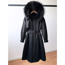 Windbreaker Parker down jacket coat coat large raccoon hair collar Medium long belt waist down jacket