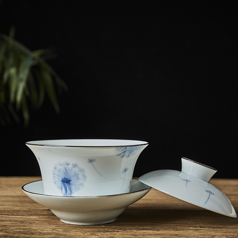 Jingdezhen blue and white porcelain tureen large tureen tea cup upset three bowl of celadon glaze under hand - made scenery 300 ml