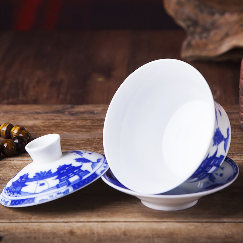 Jingdezhen tureen under glaze blue and white porcelain cups large tureen tea kungfu three bowls