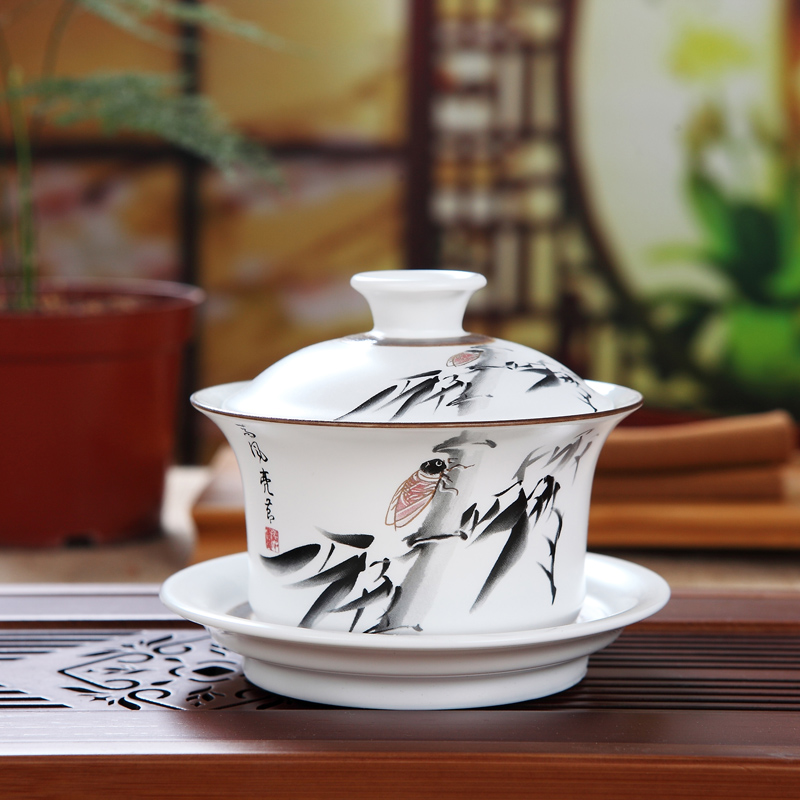 Jingdezhen ceramic large tureen three cups to make tea bowl bowl matte enrolled tureen bowl tea accessories