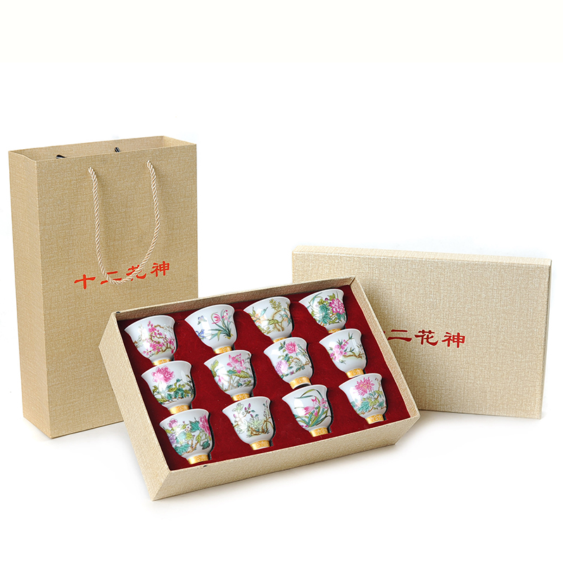 Jingdezhen ceramic twelve flora cup gift box packaging pastel blue kung fu tea set tea sample tea cup