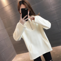 Plus velvet padded sweater women 2021 new autumn and winter foreign style hooded half zipper long irregular coat tide