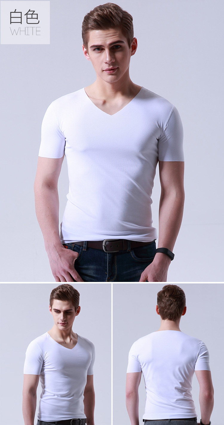 男士莫代尔冰丝无痕短袖t恤v领夏季修身半袖男装体恤紧身打底衫潮