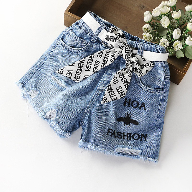 Girls denim shorts thin 2021 new foreign style children's pants hole in the big children wear girls shorts summer