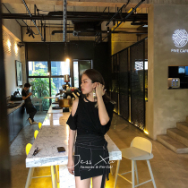 JessXu summer new wild hole pure cotton T-shirt womens dark black irregular design personality black off-shoulder short-sleeved