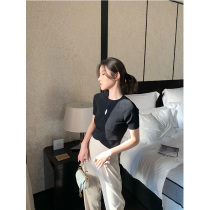 JessXu homemade sexy stunner day silk cutout thin cross design high elastic knitted short-sleeved t-shirt women