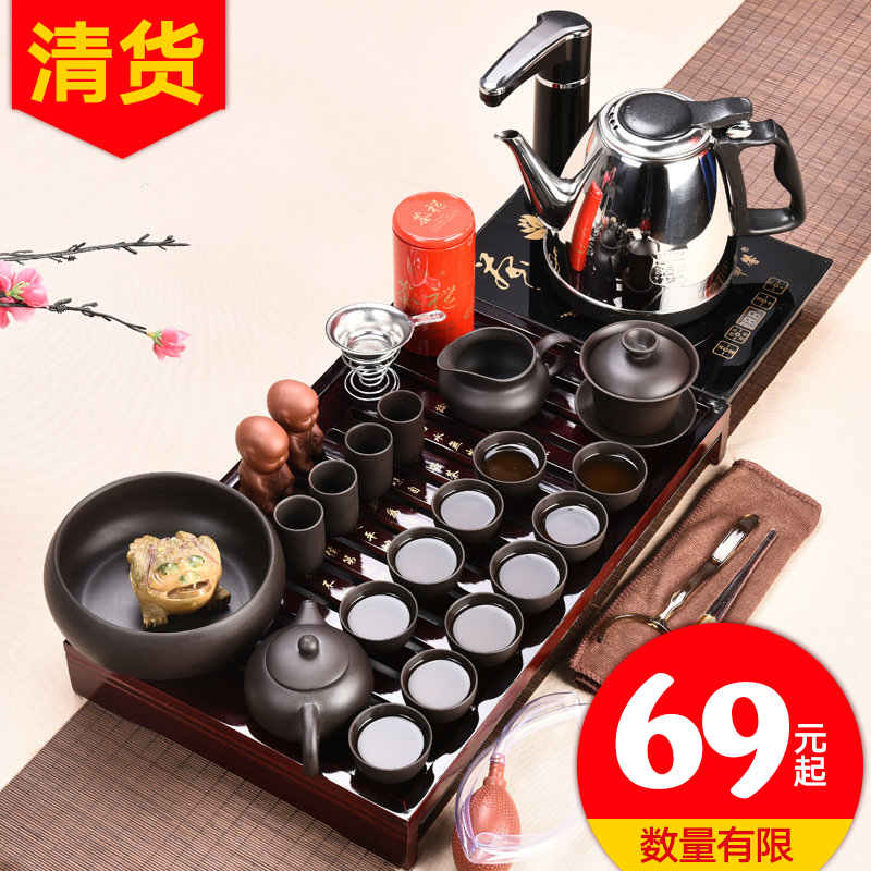 JiaXin kung fu tea set purple sand pottery and porcelain of a complete set of tea taking of a complete set of contracted solid wood tea tray storage disc household utensils