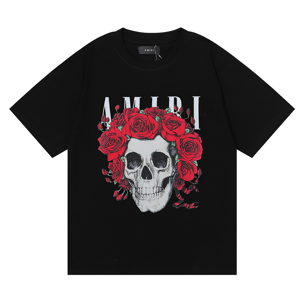 AMIRI T-Shirt Rose Skull Print Double Yarn Cotton Short Sleeve T-Shirt for Men and Women AMIRI T-Shirt Rose Skull Print Double Yarn Cotton Short Sleeve T-Shirt for Men and Women