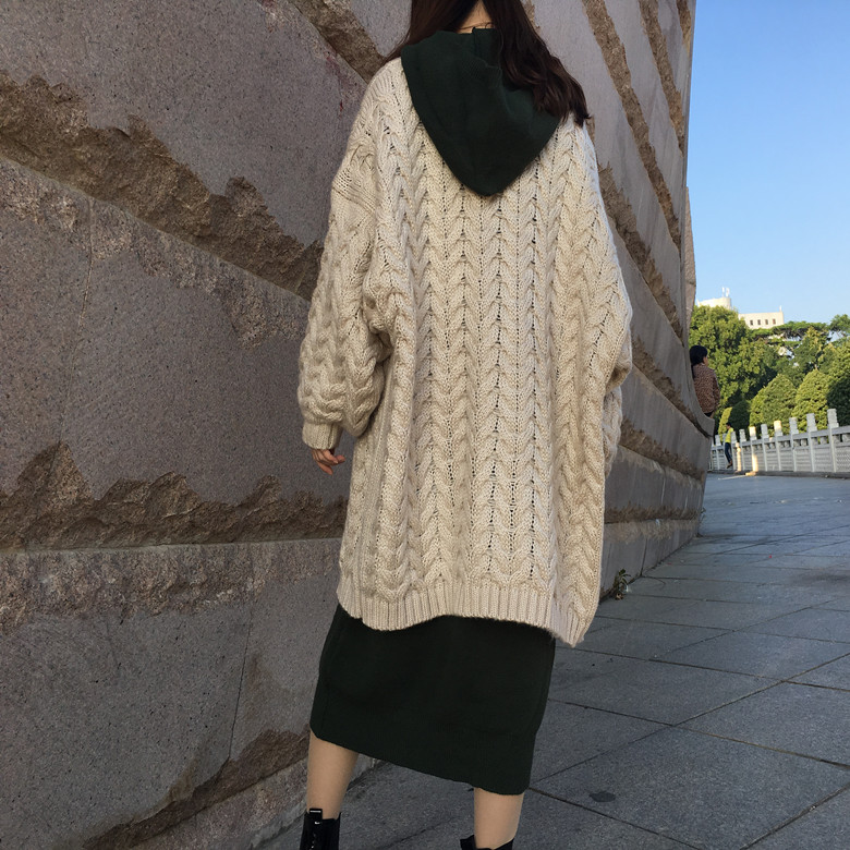 超宽松韩版棒针灯笼袖中长款粗线针织开衫加厚毛衣外套女麻花编织
