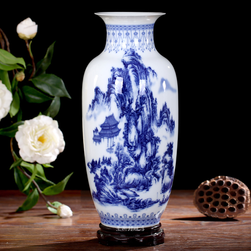 Jingdezhen ceramics landscape painting large blue and white porcelain vase I household adornment desktop sitting room mesa furnishing articles