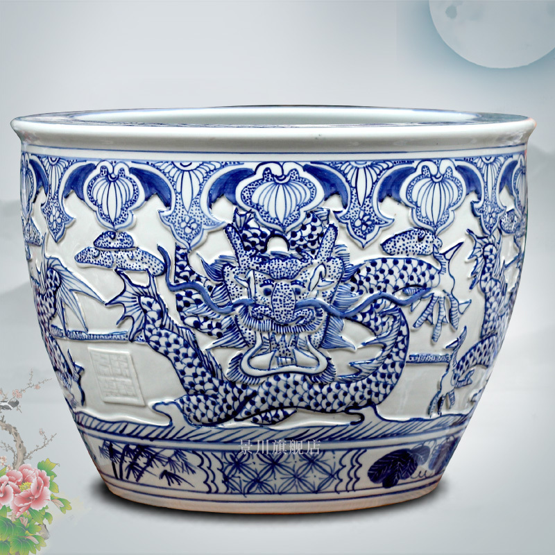 Jingdezhen blue and white porcelain hand carved dragon ceramic large aquarium tortoise GangPen sitting room courtyard floor furnishing articles