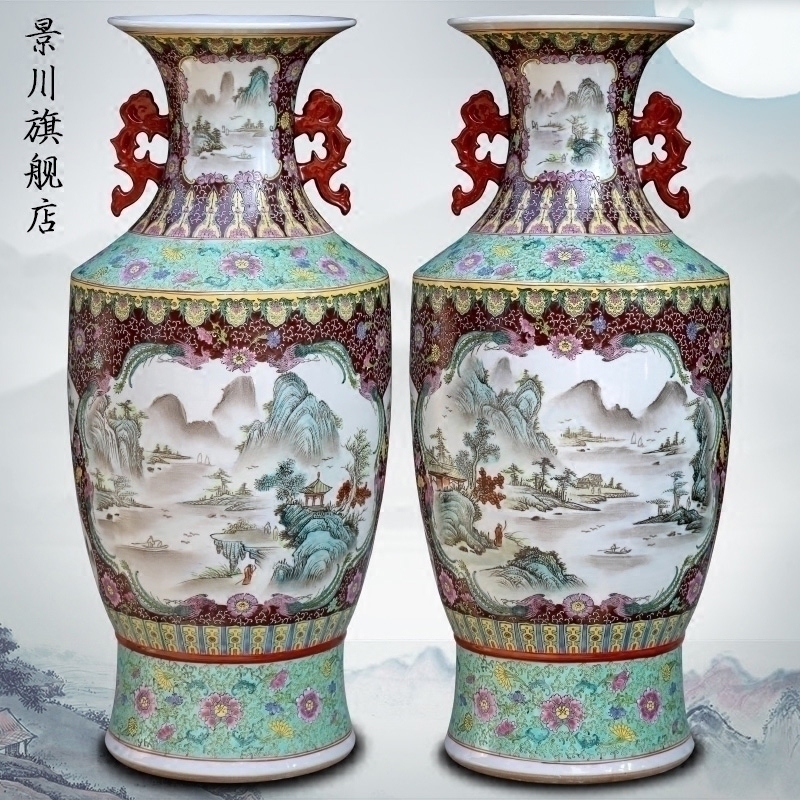 Hand - made pastel landscapes ears landing big vase jingdezhen ceramic furnishing articles of Chinese style household living room decoration