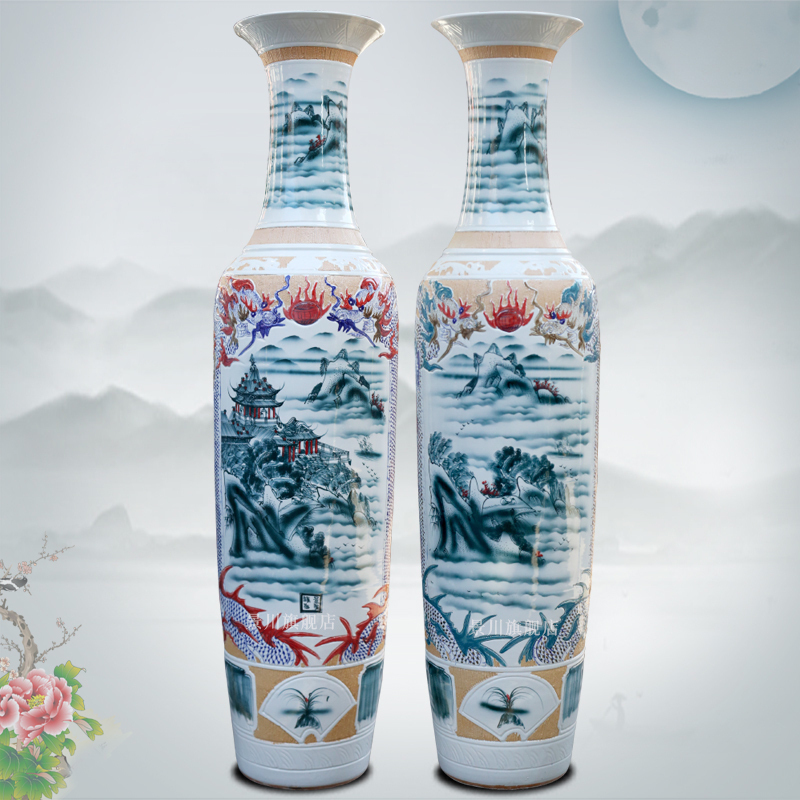 Carved dragons and phoenixes splendid sunvo colorful large vases, jingdezhen blue and white porcelain ceramics sitting room furnishing articles