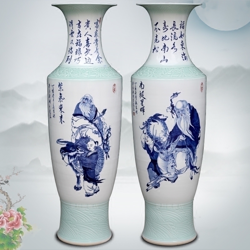 Jingdezhen blue and white porcelain ceramic floor big vase hand - made sabingga sukdun dergici jimbi figure sitting room of modern Chinese style household furnishing articles