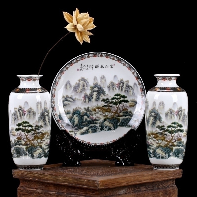 Jingdezhen ceramics pastel landscapes three - piece vase plate of modern household decorates sitting room furnishing articles