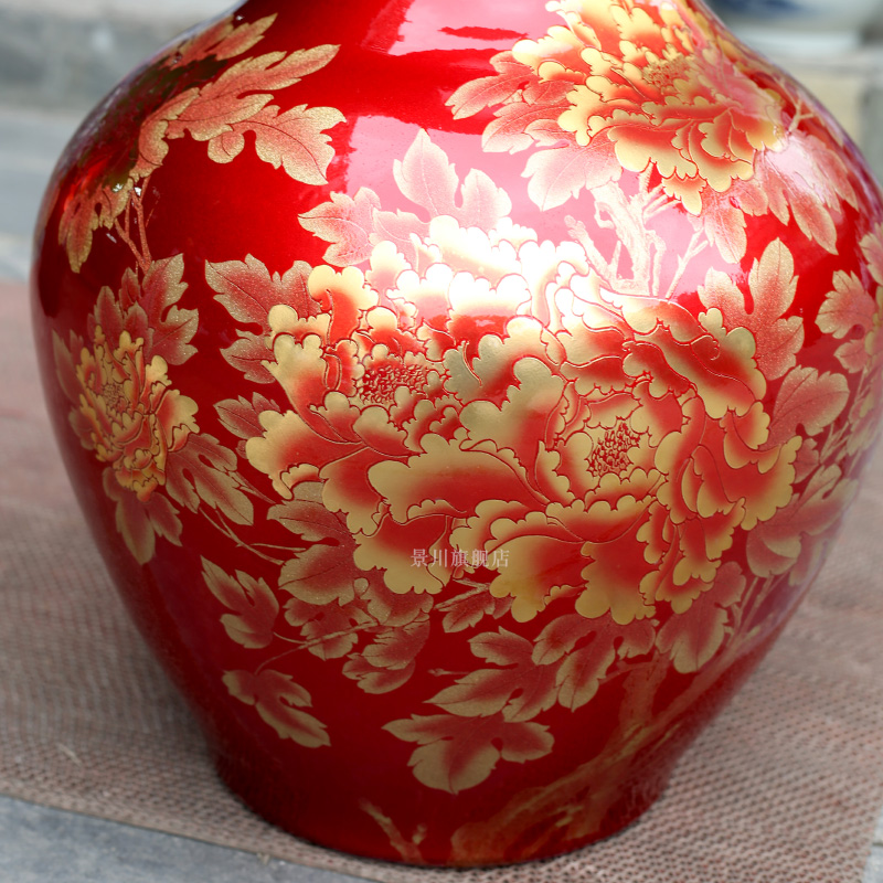 Jingdezhen ceramics China red crystal glaze paint peony flower landing big vase household act the role ofing is tasted furnishing articles