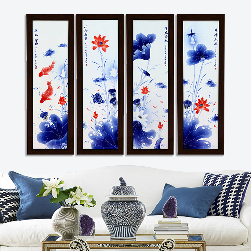 Hang a picture to jingdezhen blue and white porcelain is hand made lotus sitting room adornment background sofa four fish screen painting ceramic plate