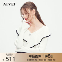 AIVEI Xinhe Ivy spring and Autumn contrast lotus leaf swing V-neck flared sleeve sweater L0560129