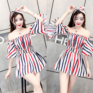 Striped cotton linen flared sleeve one shoulder off back Romper