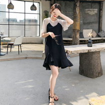 Large size womens dress 2021 new summer chiffon fat mm foreign style age reduction thin cover belly black fake two pieces