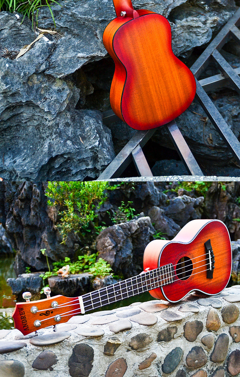 【宝利达乐器官网】安德鲁新款化红黄23寸尤克里里全桃花芯木乌克丽丽