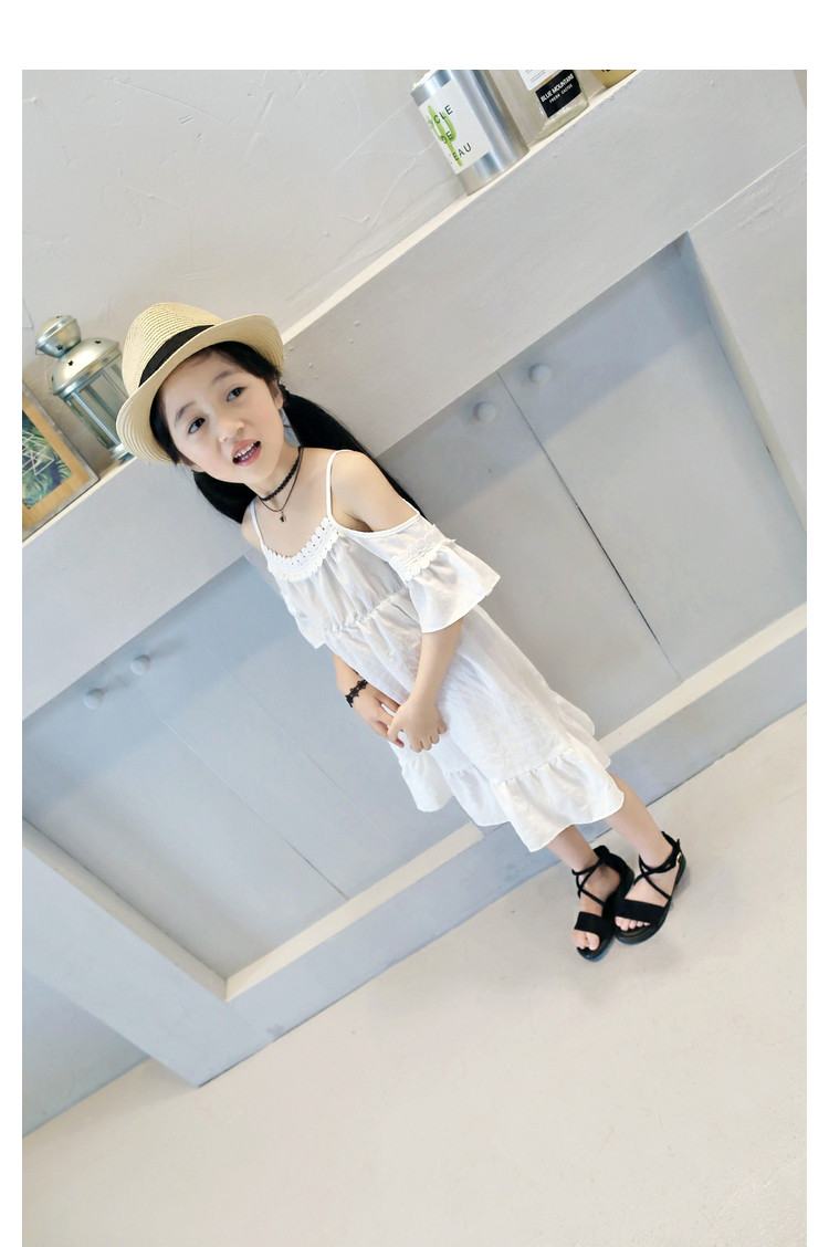 女童条纹吊带裙童装宽松连衣裙儿童露肩白裙子中大童2018夏装新款