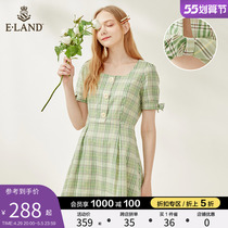 ELAND CLOTHES LOVERS SUMMER TEMPERAMENT Square Collar Sweet and cute collection Waist Display Slim Bow Tie Dress Woman