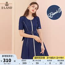 ELAND clothes love spring and summer retro style round neck zipper waist dress thin woman