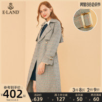 ELAND clothing love spring and autumn fashion casual wild British plaid suit collar medium-long windbreaker jacket female