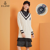 ELAND dress love spring and summer badge decoration color knit stitching dress pleated skirt dress women