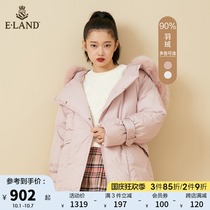 ELAND clothing winter warm fur collar long cocoon-type hooded down jacket women