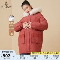 ELAND clothes winter fur collar hooded woven decoration big pocket warm down jacket womens wear