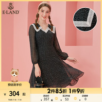 ELAND Clothes Romance Spring Law Style Small Crowd Design Sensation V Type Close-up Slim Dolls Collar Long Sleeves Dress Lady
