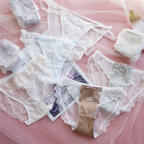 Face-style sexy full web yarn transparent with low waist underpants pure cotton crotch embroidery lace side triangle pants female shorts