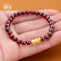 Gold Pixiu hand string female transporter beads full gold couple bracelet 3D hard gold Piqiu crystal garnet Tanabata