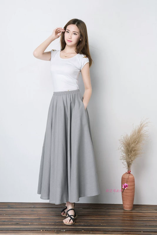 Váy mùa xuân và mùa hè, váy dài, cotton, lanh, retro, nghệ thuật, lưng thun, màu trơn, túi chữ A, cỡ lớn, váy dài giữa - Váy