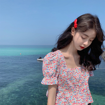 Fan Zhiqiao square collar floral top Female French court style retro puff sleeve high waist short doll shirt