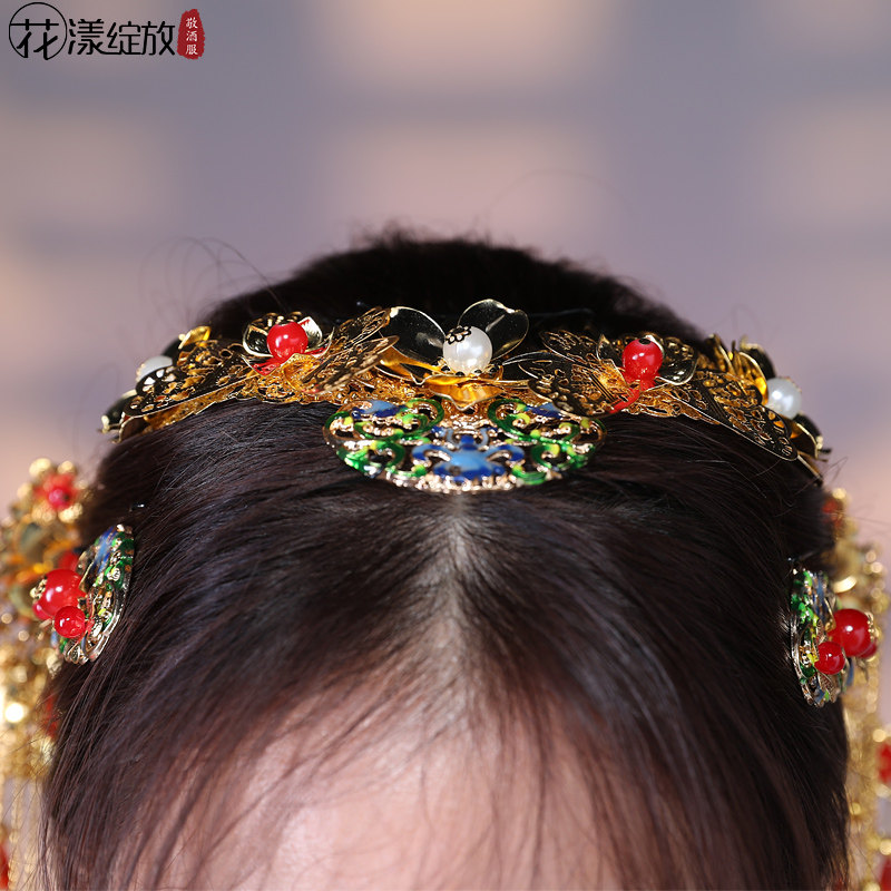 three pieces of headdress for bride's ancient dress, xiuhe dress, chinese wedding toast dress accessories set