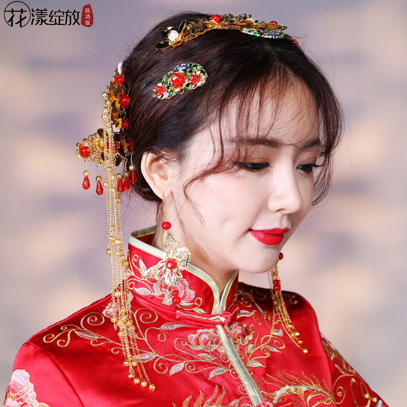 three pieces of headdress for bride's ancient dress, xiuhe dress, chinese wedding toast dress accessories set