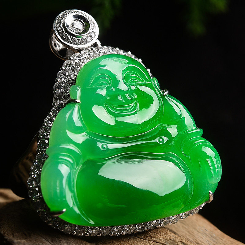 天然翡翠玉佛冰种飘花满绿阳绿吊坠女款挂件佛公正品佛18k金挂坠f_7折