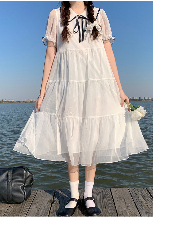 实拍991少女过膝长裙白色仙女裙女孩夏初中学生夏季小清新连衣裙 - 17