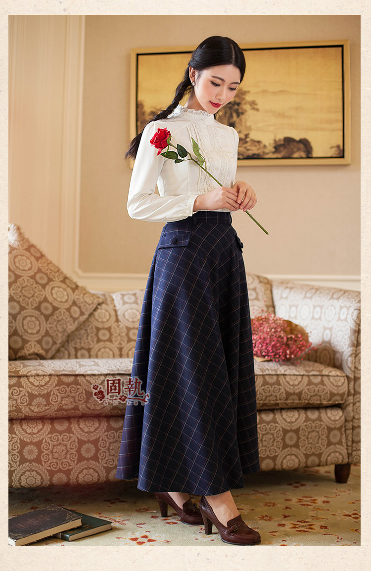 固执2016女装春夏新款文艺复古甜美木耳边蕾丝长袖衬衫