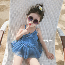 2020 new childrens swimsuit girl little Princess suspender skirt baby sunscreen quick-drying swimsuit gauze dress tide