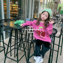 South Korean childrens clothing 2022 autumn and winter new girl foreign air personality trekery Korean version little girl cherry thickened sweater