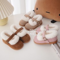 Korean Boy Clothing 2022 Winter Girl Hair Wool Shoes Children Round Head Cotton Leather Shoes Steady Shoes Baby Shoes Tide Korean version