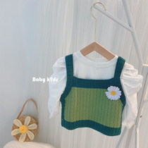 ins Korean childrens clothing girl vest small Daisy knitted Sling short style outside wear 2021 autumn girl sleeveless T-shirt