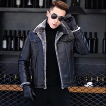 Hainings new fur-integrated mens genuine leather jacket short sheepskin lapel lamb velvet fur thickened coat