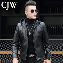 2022 new handsome and fashionable leather sheepskin hooded leather jacket short youth motorcycle mens leather jacket