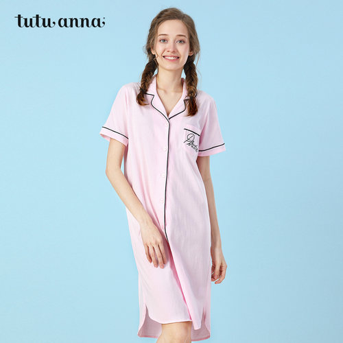tutuanna睡裙女夏 日系纯色棉质 前开扣可外穿短袖连衣裙专柜同款_7折