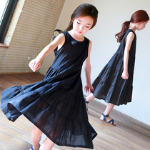 Girls long dress black sleeveless Princess Korean version 2021 new summer dress long childrens jumpsuit